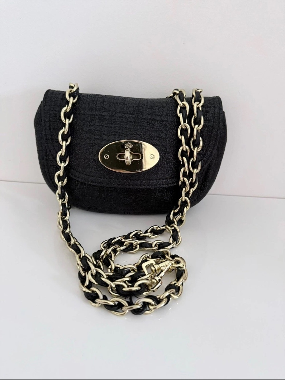 Mulberry Black Quilted Crossbody with Gold Chain Strap